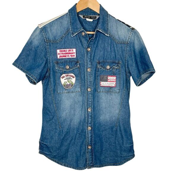 Jeep Spirit Mens Patched Denim Shirt Size M American Flag Patriotic Short Sleeve - Picture 1 of 8